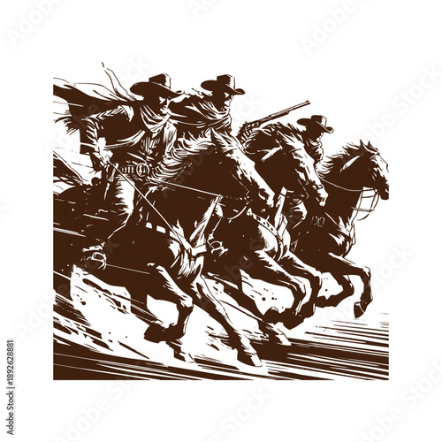 Cowboys riding horses in wild west