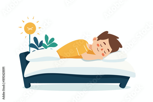 Happy kid falling asleep in bed isolated