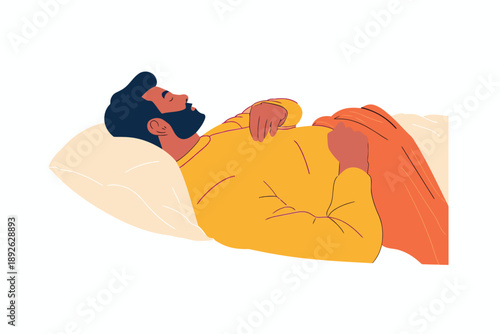 Happy man falling asleep in bed isolated