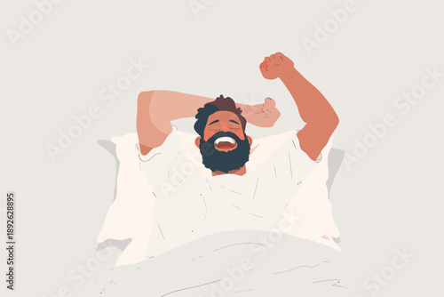Happy man woke up and stretches in bed isolated
