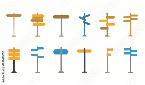 Flat Vector Set of Ten Sign Post Illustrations for Navigation and Guidance