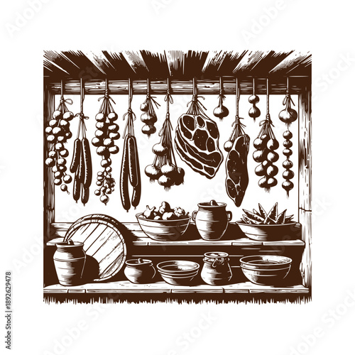 Traditional food storage and preservation methods in a rustic setting