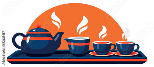 Modern flat hot beverage set featuring a teapot, two cups, and a creamer on a tray for a cozy breakfast