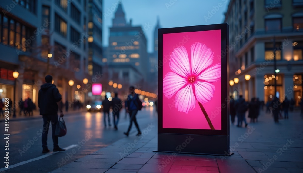 Fototapeta premium Digital billboard displays pink flower on city street at dusk. Pedestrians walk past buildings and cars on wet road. Urban nighttime advertising board emits bright light.