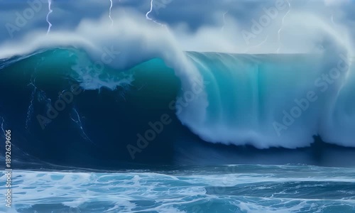  Majestic Ocean Wave with Electric Lightning Display, Captivating Visuals and Serene Aesthetics