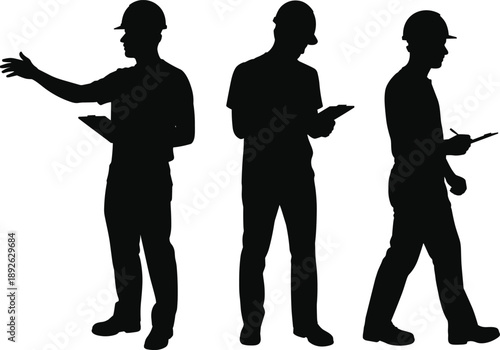Construction worker silhouette set using tablet and clipboard, site supervisor gestures, engineer inspection poses, industrial planning illustration