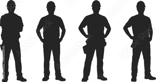 Construction worker silhouette set, standing builder figures, industrial laborer collection, safety helmet workers, professional manpower illustration isolated