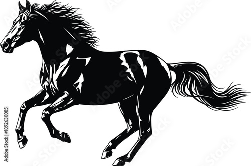 Black and White Vector Silhouette of a Powerful Stallion Galloping with Flowing Mane and Tail Isolated on White Background for Equestrian Sport Design