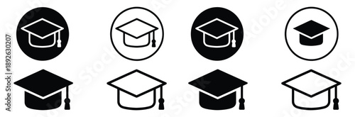 Graduation cap icon set, academic mortarboard vector symbol, education hat line and solid collection

