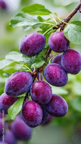Freshly picked plums with water drops on a branch, ready for harvest, vertical