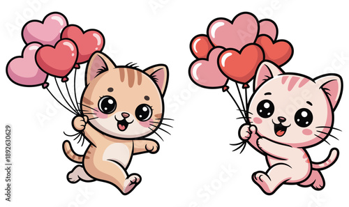 Cute cartoon cats holding heart balloons. Vector funny ginger and pink kitten character set for Valentine's Day isolated on white background.