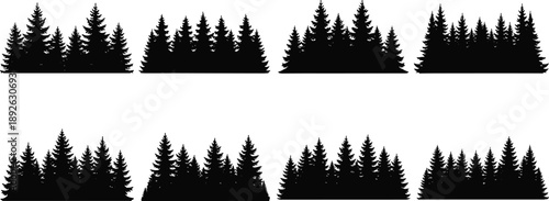 Black Pine Forest Silhouette Vector Set Featuring Various Evergreen Tree Lines and Coniferous Timberland Isolated Illustrations for Nature Landscape Graphic Design and Patterns