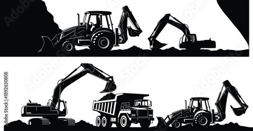 Black silhouette collection of heavy construction machinery featuring excavators, dump trucks, and backhoes working on building sites for industrial engineering and civil development projects.