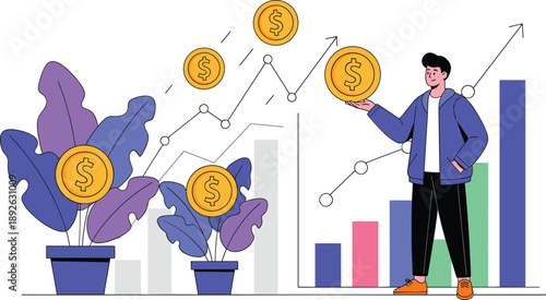 Financial investment growth illustration with businessman and rising charts, floating coins, profit analysis, and wealth strategy concept