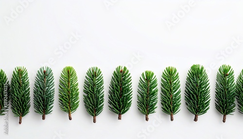 Row of vibrant evergreen sprigs arranged neatly against a bright white background