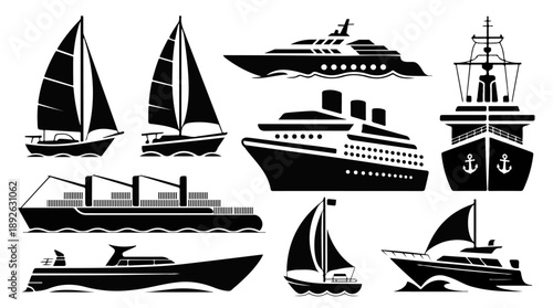 Boat and Ship Silhouette Set Maritime Transportation Sea Vessel Black Vector Illustration, ship, yacht, cruise, container ship, boat, fishing boat