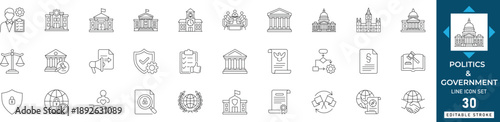 politics and government line icon set featuring democracy, election, and public policy symbols. Ideal for news apps, civic websites, and UI design. Fully editable.
