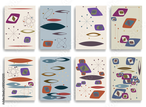 Vintage modern atomic brochures , inspired by1950s and 1960s atomic age design, featuring abstract geometric shapes and orbit motifs, vector design.