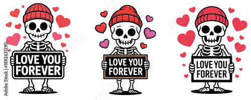 Cute cartoon skeleton wearing red beanie holding Love You Forever sign. Vector funny Valentine's Day character with hearts isolated on white background.