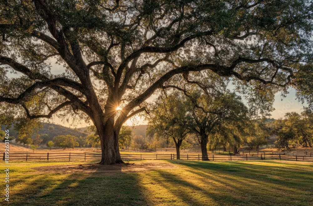Fototapeta premium Golden Hour Light Through Majestic Oak Tree