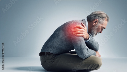 An elderly man sitting on the floor clutching his painful shoulder with a red highlight indicating the source of his discomfort