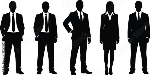 Collection of professional business men and women silhouettes in formal suits standing in various poses for corporate leadership executive team and office vector designs (