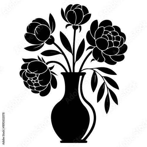 Flowers with flowers pot, bouquet of flowers, Minimalist black floral bouquet silhouette in a modern ceramic vase