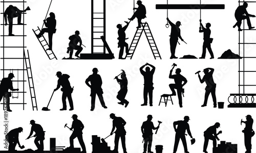 Construction worker silhouettes performing ladder scaffold tasks, hammering lifting climbing activities isolated on white background industrial labor concept safety training