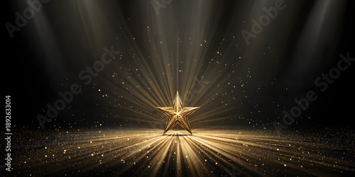 A radiating golden star with emanating light beams, representing achievement and recognition, stands in a dark, dramatic environment with sparkling particles in the air and on the floor, creating a...