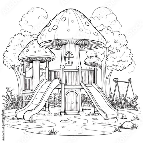Whimsical line art of a mushroom-shaped playground in a park setting