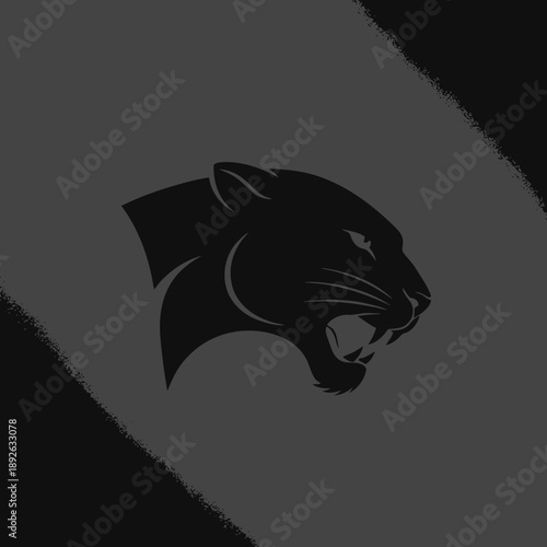 Menacing black panther head illustration on dark grey background with sharp diagonal lines