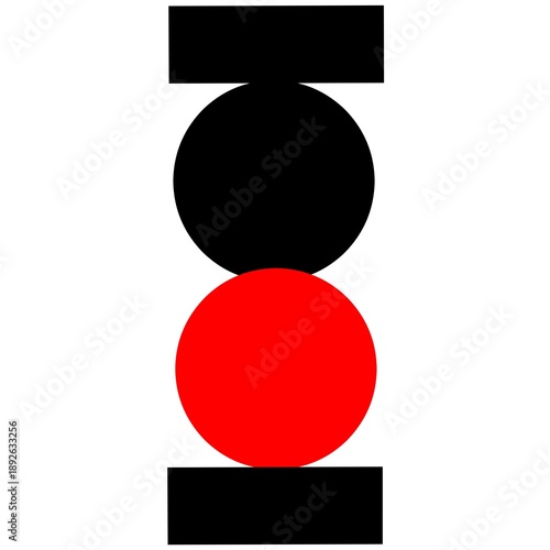 Geometric abstract art featuring a black circle, a red circle, and black rectangles arranged vertically.