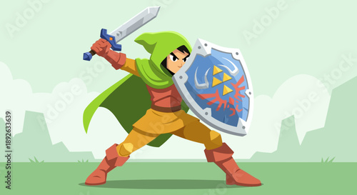 Cartoon character with sword and shield in fighting stance.