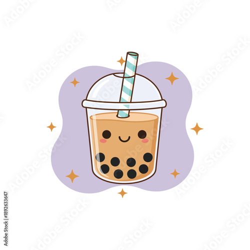 Cute Kawaii Bubble Tea Character Illustration with Smiling Face and Stars