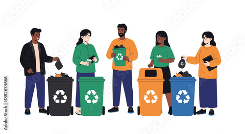 Group of people sorting waste into different colored recycling bins.