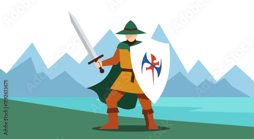 Cartoon illustration of a medieval knight with sword and shield standing on a hill.
