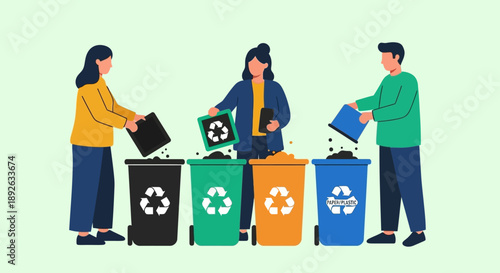 People sorting waste into recycling bins.