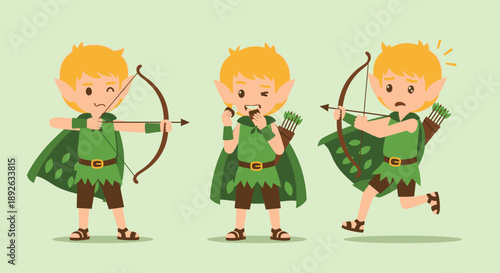 Cartoon Robin Hood character in various archery poses.