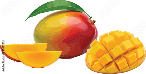 Fresh ripe mango fruit with sliced pieces and green leaf, tropical summer food illustration for healthy nutrition.