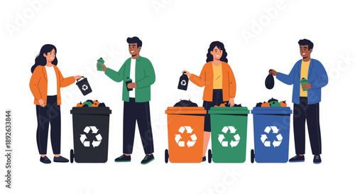 Diverse group of people sorting recyclables into colored bins.