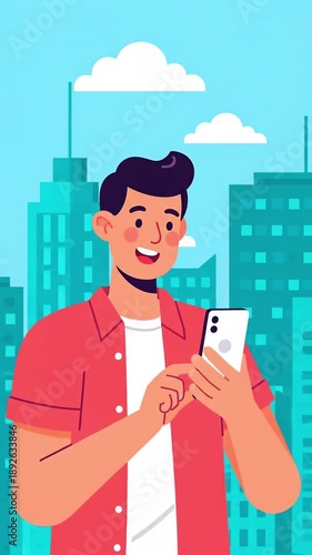 Wallpaper Mural Young man holding a white smartphone and scrolling through apps while walking in front of a cityscape with towers and a blue sky with clouds Torontodigital.ca