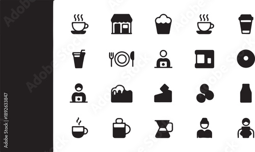 A Collection of 20 Minimalist Icons Representing Food, Drinks, and Business Concepts