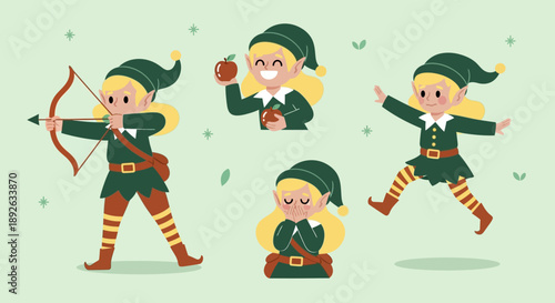 Cartoon elf character in various dynamic poses with bow and arrow.