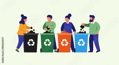People sorting recyclables into colored bins for waste management.