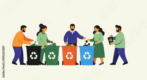 Group of people sorting recyclables into different colored bins.