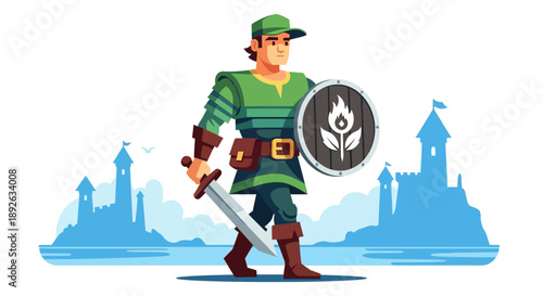 Medieval warrior with sword and shield standing in front of a castle.