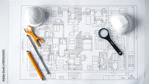 specification. An architectural blueprint concept with construction elements on a clean workspace. real-estate listings.