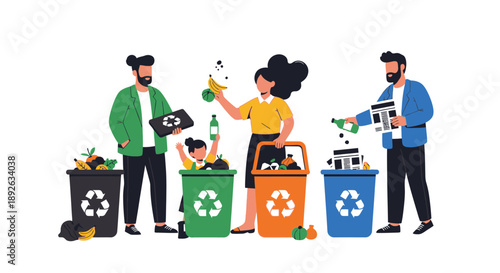 Family sorting recyclables into colored bins together.