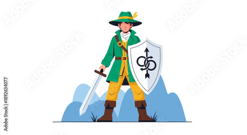 Cartoon medieval knight with sword and shield standing.