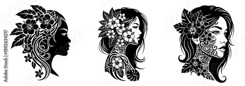Elegant women with floral headpieces in modern tattoo art style